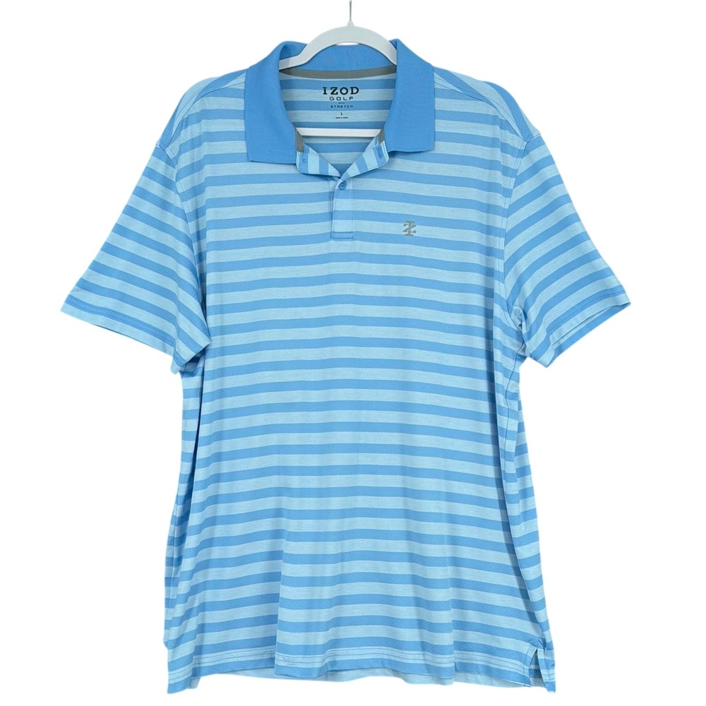 IZOD Golf Men's Polo Shirt Large Blue Striped‎ Stretch Short Sleeve Golf Casual